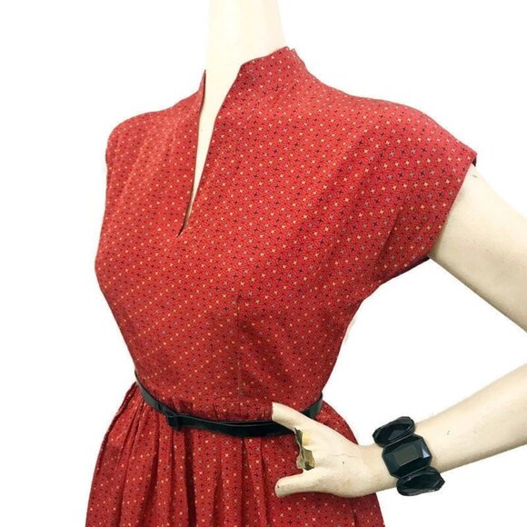 Vintage Dress 1950s 50s Starburst Print Rayon Full Skirt Orange Rockabilly - Picture 4 of 7